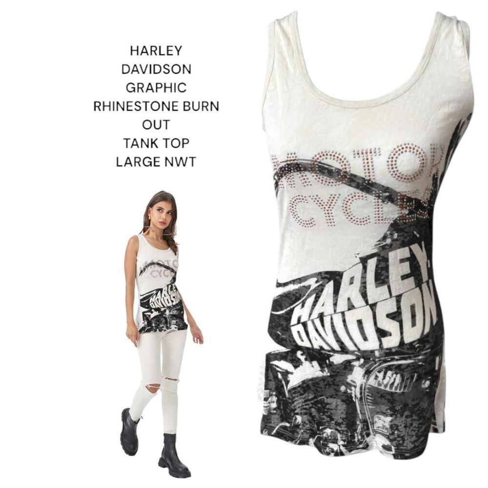 HARLEY DAVIDSON BLING RHINESTONE LOGO GRAPHIC BURN OUT TANK TOP LARGE‎ NWT